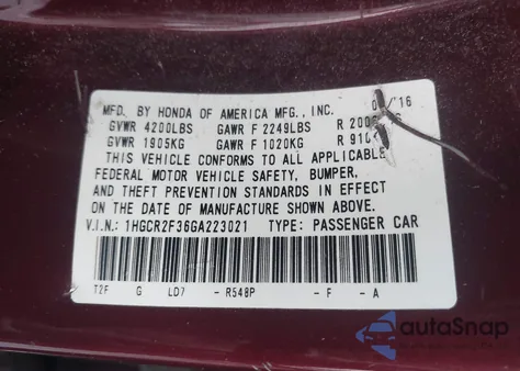 2016 Honda Accord Lx из США, поврежденный, VIN 1HGCR2F36GA223021